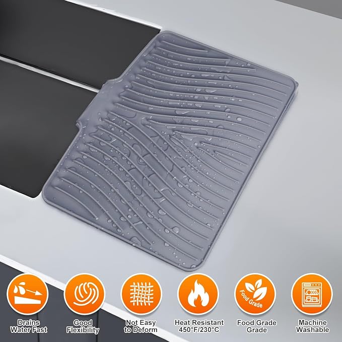 Silicone Dish Drying Mat for Kitchen counter, 19.7"x17" Extra Large Non-Slip Drain Pad with Built-in Drainage, Heat Resistant Dishwasher Safe, Grey