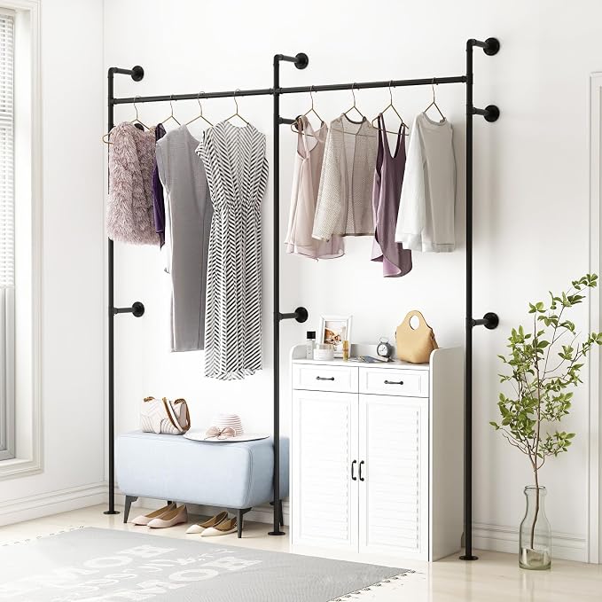 ORSENIGO Industrial Pipe Clothing Rack, Heavy Duty Clothes Rack for Hanging Clothes, Wall Mounted Display Garment Rack for Home Retail Boutique (Double, Black)