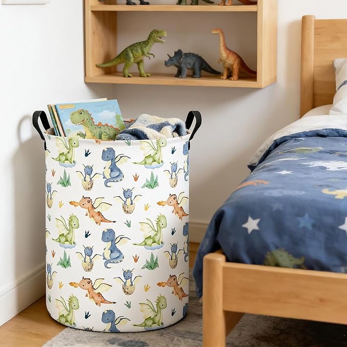 Round Laundry Basket Collapsible Storage Hamper Parent-child Dragon | Waterproof Canvas Foldable Baskets with sturdy Handles Multi-scene Organizer for Home Play Bedroom Gift Bin