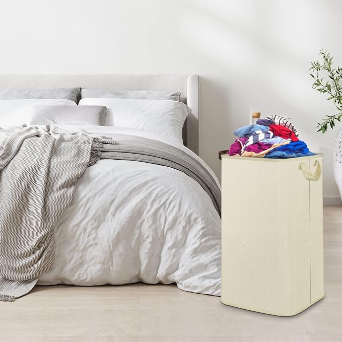 SNIGJAT Large Laundry Basket, 80L Collapsible Tall Hamper with Handle Beige | Dirty Clothes Hamper for Bedroom, Rectangular Sturdy Laundry Basket for College, Dorm, Towels, Toys