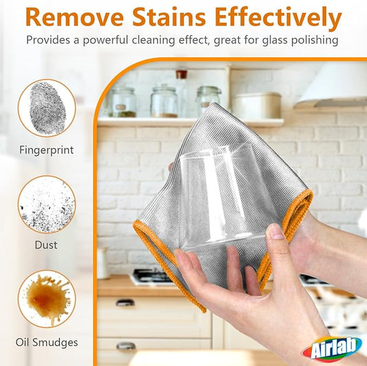 Airlab Glass Polishing Cloth Streak Free Miracle Cleaning Cloth Lint Free Microfiber Cleaning Rags for Glasses Kitchen Dish Mirrors Easy Clean, Pack of 6, 12" x 12", Sliver-Orange