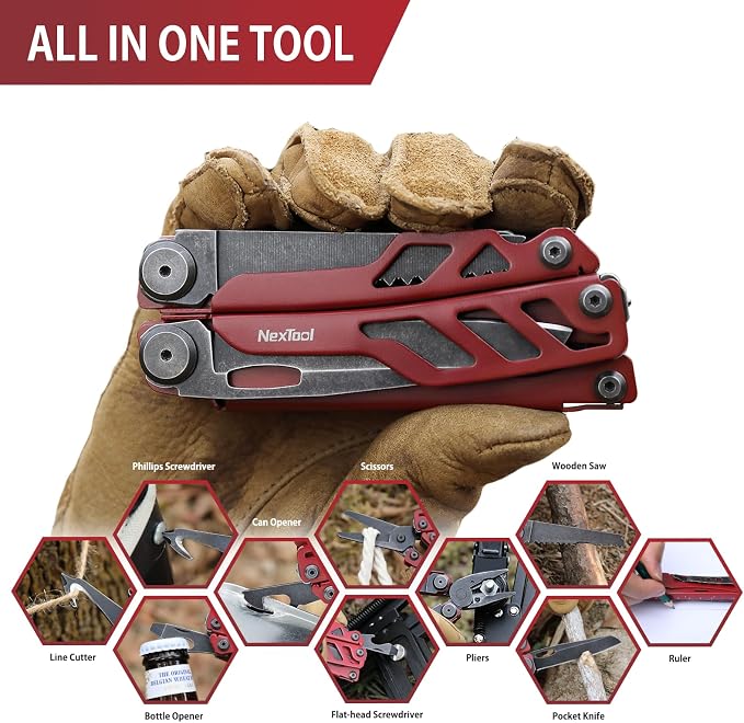 NexTool Flagship Pro Multitool Pliers with Full-size Scissors (Red) | 16-in-1 Multi-tool, Safety Locking, Replaceable YG8 wire cutters, Tool for Camping, Survival, Fishing, Repair, Gifts for Men