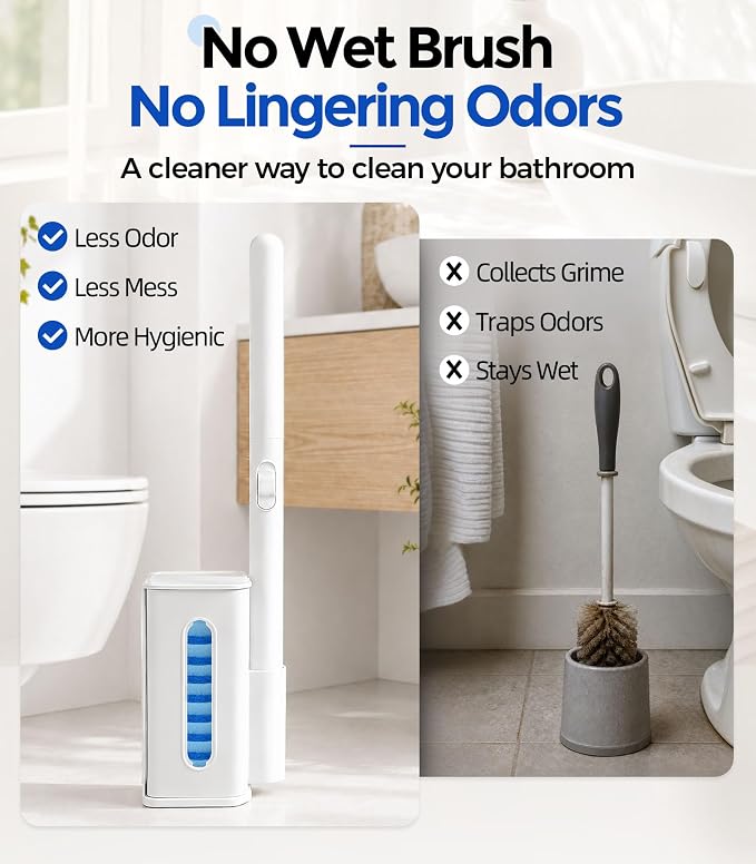 Disposable Toilet Brush and Holder Set with 48 Refills, Complete Toilet Bowl Cleaners System with Long Handle, Disposable Scrubber Heads & Storage Caddy for Bathroom Cleaning & Hard Water Stains