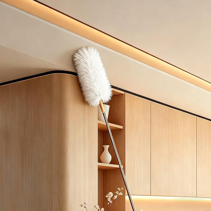 White Lambswool Extendable Duster, 32-98 Inch Bendable Wool Head with Anti-Static Properties and Stainless Steel Extension Pole for Ceiling Fans, High Walls, and Roof Dusting(one Pack)