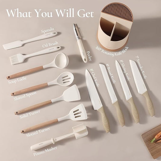 CAROTE 13Pcs Kitchen Utensils Set with 360 Rotating Knife Block, Heat Resistant Cooking Utensils with Wooden Handle, Nonstick Ceramic Surface, Cream White