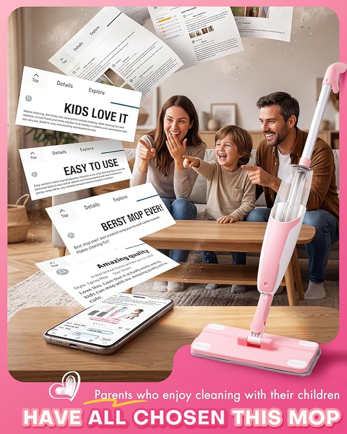 Pink Mini Spray Mop for Toddler-Girls Montessori Cleaning Toy that Real Spray Water,Pretend Playhouse Essentials for Girls Ages 3-8,Toddler Educational Housekeeping Set