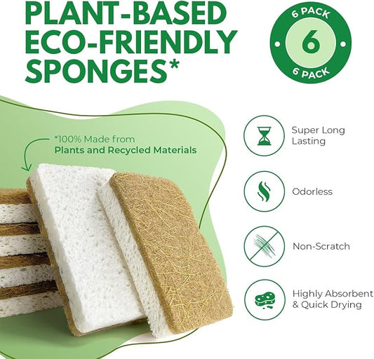 AIRNEX Biodegradable Natural Kitchen Sponges Pack of 6 - Cellulose and Coconut Walnut Scrubber Sponge - Eco Friendly Sponges for Dishes