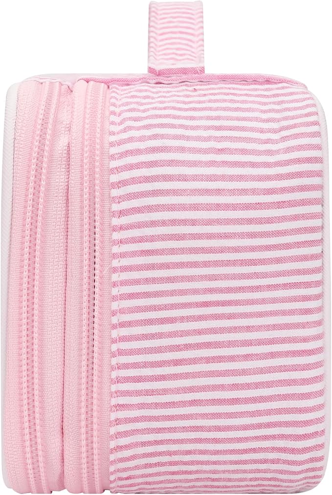 Relavel Pink Makeup Bag, Dual-Layer Cute Travel Cosmetic Bag with Make Up Brush Compartment, Multi-Functional Small Toiletry Organizer, Preppy Accessories for Daily Use, Pink Strip