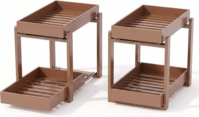 Bamboo Under Sink Organizer and Storage, 2 Pack Pull Out Cabinet Organization, 2 Tier Vertical Slide Out Undersink Storage Shelf, Multi-Purpose Organizer Shelves for Kitchen Bathroom Medicine