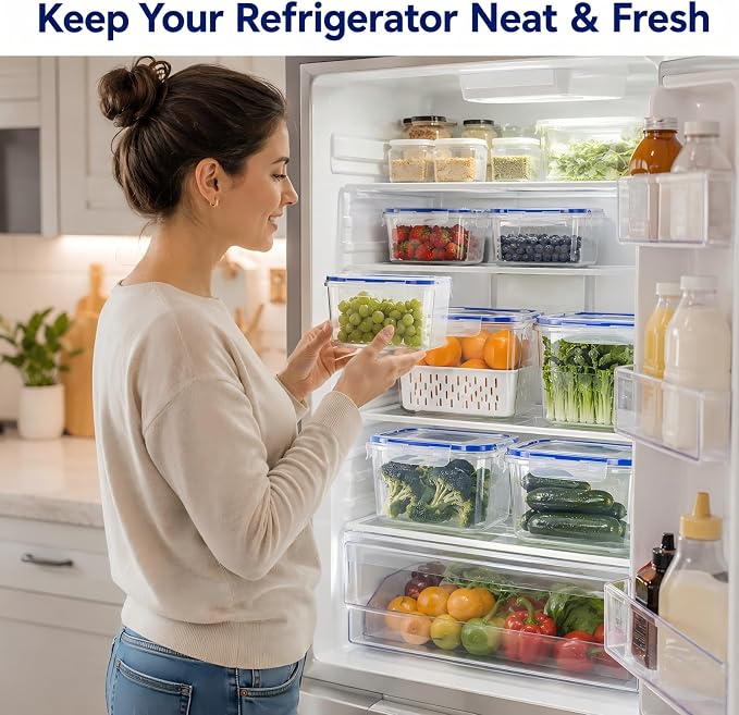 3 Pcs Fruit Storage Containers for Fridge, Produce Storage Containers with Removable Colander Basket & Airtight Lid, BPA-free food storage containers, for Fruits, Vegetables & Meat