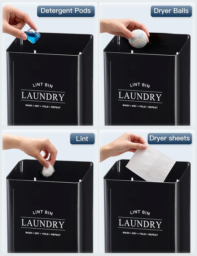 Magnetic Lint Trash Can for Laundry Room, Metal Dryer Lint Bin with 2 Pet Hair Remover, Farmhouse Laundry Room Decor, Black