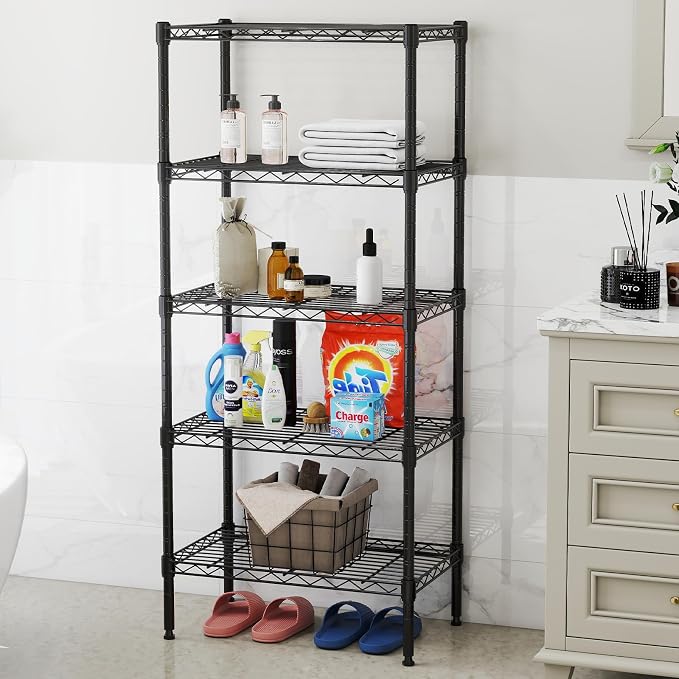 NEWBULIG 5-Tier Metal Wire Storage Shelves, Adjustable Heavy Duty Steel Shelving Unit, Freestanding Storage Rack Organizer for Kitchen, Pantry, Garage, Bathroom, 23.2" W x 13.4" D x 59.8" H, Black