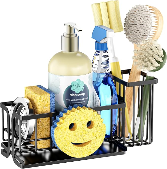 Epicano Sink Caddy Sponge Holder, Smiley Face Sponge Rack with High Brush Holder,Rustproof Kitchen Countertop Organizer,Kitchen Gadgets Sink Accessories, Black