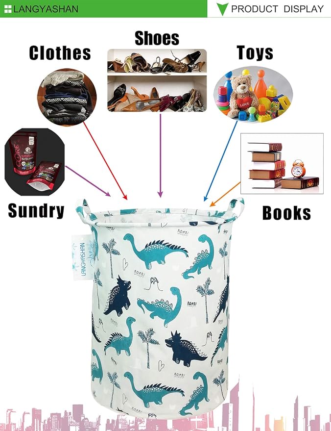Round Laundry Basket Collapsible Storage Hamper Organizer Full Dinosaur | Waterproof Canvas Foldable Baskets with sturdy Handles Multi-scene Organizer for Home Play Bedroom Gift Bin