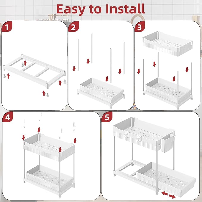 Sevenblue Under Sink Organizer, Bathroom Organizers and Storage, 2 Tier Multi-Use Pull Out Cabinet Organizer with Hang Hooks and Cups (White, 14.8 Inch)