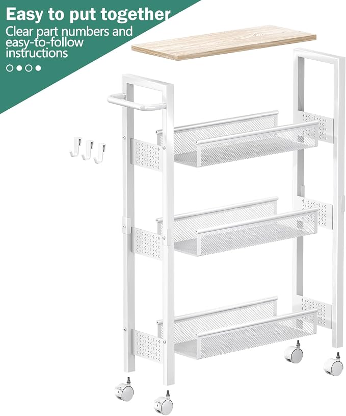 Vivihomety 4-Tier Slim Utility Rolling Laundry Cart with Wheels, Metal | Narrow 7.1" wide, Lockable wheels, wood top panel, metal frame, with handle, for laundry, bathroom, kitchen, white