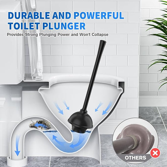 LOVLOY Toilet Plunger and Brush, Bowl Brush and Heavy Duty Toilet Plunger Set with Ventilated Holder, 2-in-1 Toilet Brush and Plunger Combo for 5.3-inch Toilet Drain Bathroom Cleaning (Black)