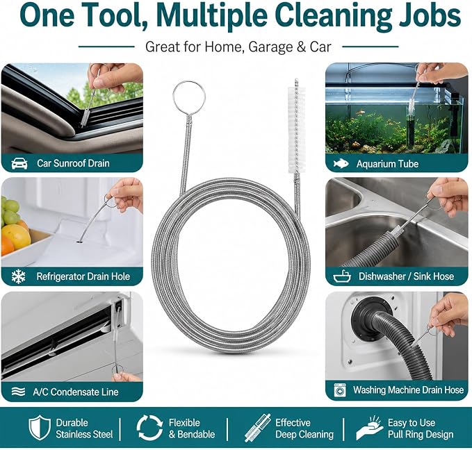 2 Pack 80 Inch Extra Long Flexible Pipe Cleaner Brush, Drain Cleaner Tool for Fridge, Sink Hose, Aquarium Tube, Car Sunroof Drain Cleaning Brush.