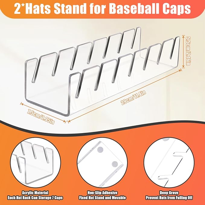 Hat Organizer for Baseball Caps Hat Rack Acrylic Hat Stand 4Pack No Install | Hat Storage for 28 Baseball Caps Closet Organization Hat Holder Display Baseball Cap Organizer for Closet, Bedroom, Dresser