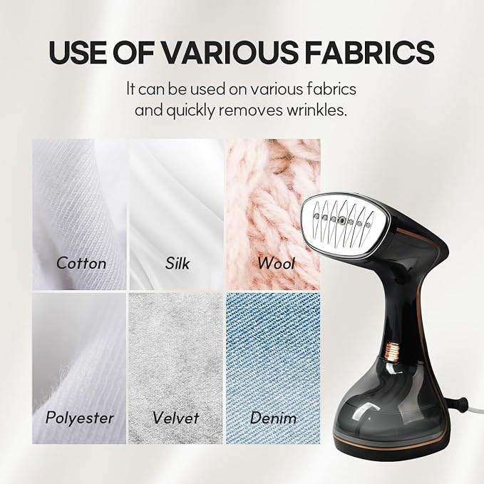 HubiCare Handheld Garment Steamer for Clothes - 1500W TurboSteam, 3 Steam Levels, 320ml Big Capacity, Strong Penetrating Steam, 20s Fast Heat-up, Steam Iron Fabric Wrinkle Remover (Black)