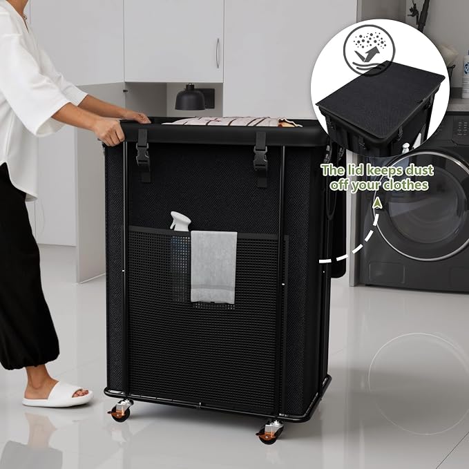 220L Laundry Hamper with Lid & Wheels, Rolling Laundry Basket with Bag | Sturdy Metal Frame | Laundry Bag with Handles| Large & Tall Clothes Hampers for Laundry Room, Bedroom, Dorm, Bathroom-Black