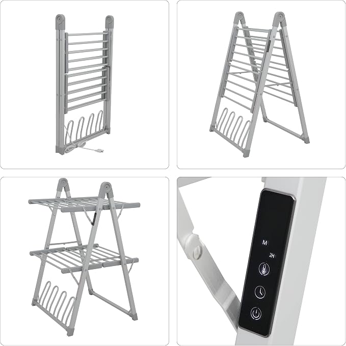 Electric Heated Clothes Drying Rack,Foldable Heated Garment Dryer with Timer Shut-Off Laundry Rack for Clothes Shoes Socks,Aluminum Alloy,Silvery Gray,Plug & Play,(39.37x25.98x23.82in)