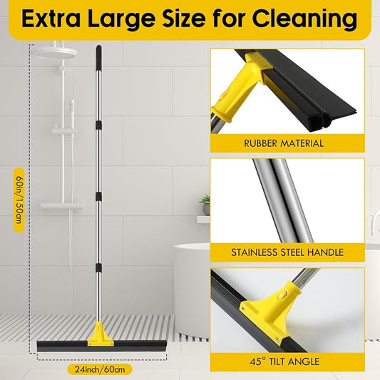 Floor Squeegee for Concrete and Tile Cleaning, 24'' Heavy Duty Rubber Wiper with 60'' Long Adjustable Handle Water Scraper for Bathroom Shower Glass Garage Glass Window(Yellow