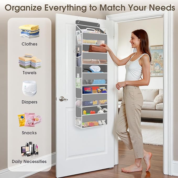 SpaceHacks 2 Pack Over The Door Organizer, Hanging Storage Organizer with Clear Window, 40lb Ultra Sturdy Large Capacity Room Organizer for Pantry Laundry Bathroom Nursery Closet (Grey)