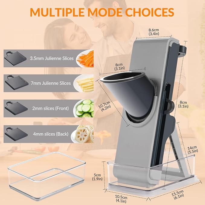 FEICO Safe Mandoline Slicer for Kitchen, Vegetable Slicer with Container, French Fry Cutter, All in 1 Julienne Slicer for Potato, Thickness Adjustable, Detachable Blade, Dishwasher Safe,blue