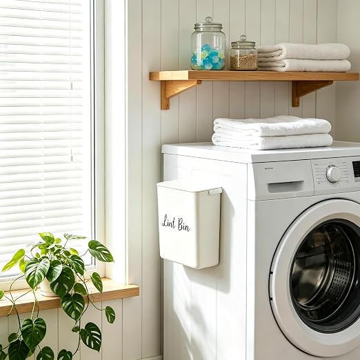 Magnetic Lint Bin with Lid for Laundry Room, Compact Plastic Dryer Lint Holder, Small Laundry Trash Container for Dryer Lint & Used Dryer Sheets, Space Saving Storage Decor Organizer (White)