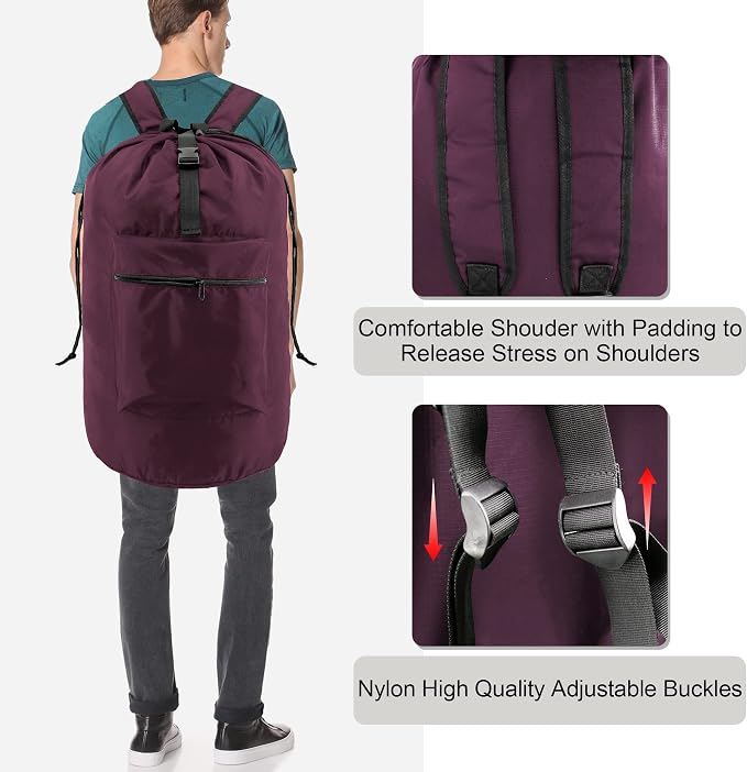 BeeGreen Laundry-Bag-Backpack-Heavy-Duty, Burgundy Nylon Drawstring Portable Laundry Backpack Foldable Extra Large Dirty Clothes Travel Bag College Dorm Apartment Essentials