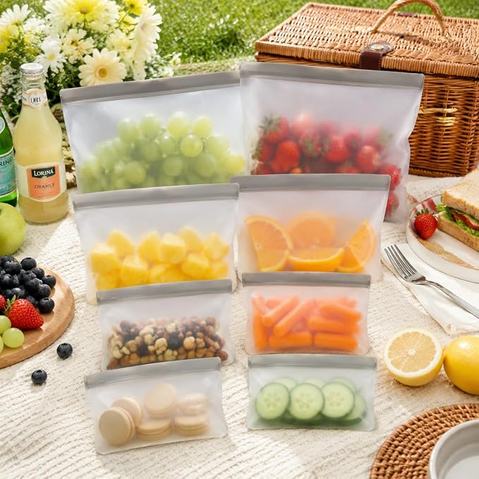 10 Pack Reusable Silicone Storage Bags Thick Leakproof Reusable Freezer Bag Dishwasher Safe Bag for Salad Fruit Snack Travel 3 Gallon 4 Sandwich 3 Snack Bags