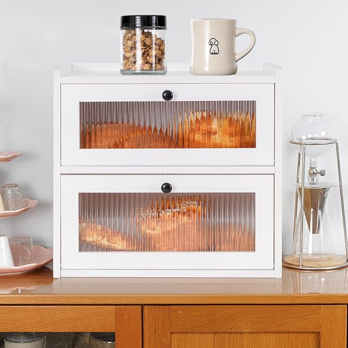 Sunhoo Bread Box for Kitchen Countertop Wooden Bread Storage Container Bin 2 Layer Breadbox Holder Large Capacity Keeper Vintage Farmhouse Food Organizer Pantry Shelf Acrylic Window (White)
