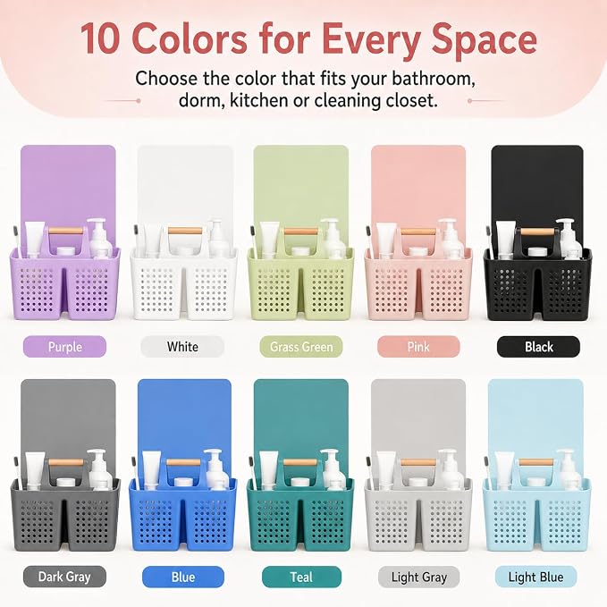 Portable Shower Caddy Basket with Wood Handle, 3-Compartment Bathroom Organizer Tote with Drain Holes, Plastic Shower Basket for Dorm, Toiletries, Cleaning Supplies, Pink
