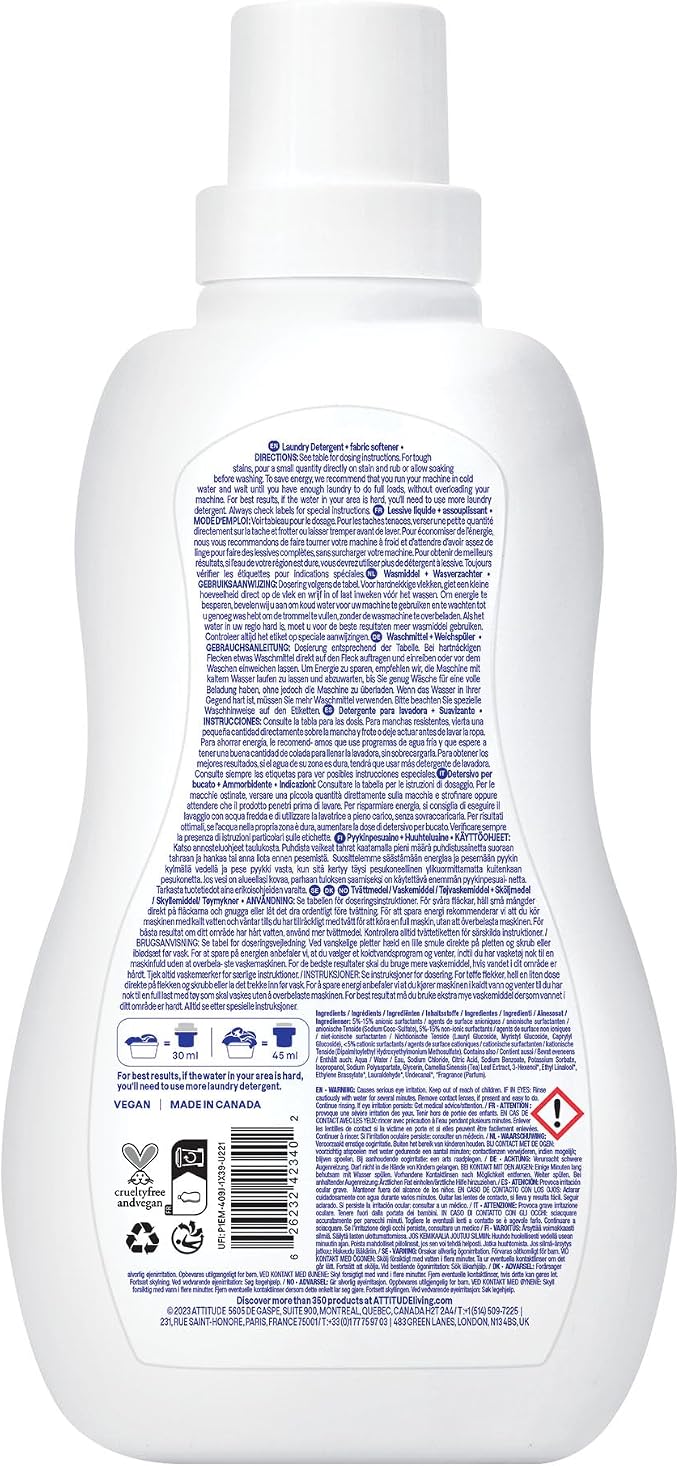 ATTITUDE 2-in-1 Laundry Detergent & Fabric Softener, Plant- & Mineral-Based, HE Compatible, Vegan, Mountain Essentials, 35 Loads, 35.5 Fl Oz