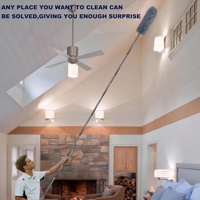 20 Ft+ High Reach Cobweb Dusting Kit with 3-14 Ft Extension Pole/Spider Web Brush & Ceiling Duster Microfiber Feather Duster with Washable Head for Cleaning Ceiling Fan, Furniture, Home