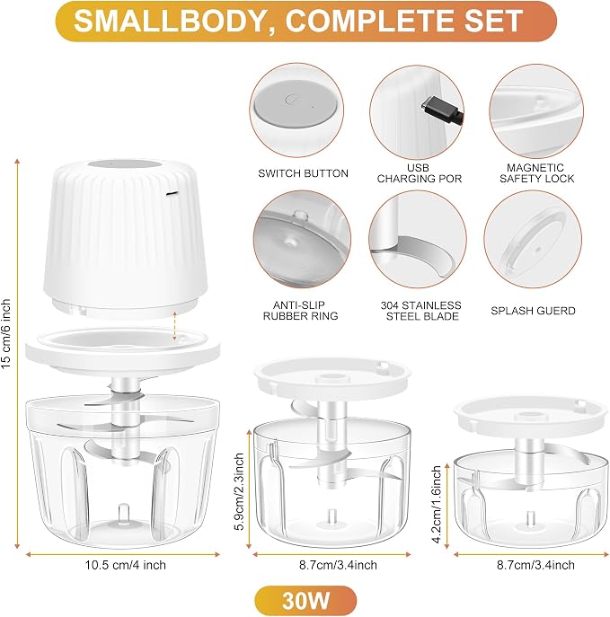 100+250+400ML Electric Garlic Chopper, 6 Blades Garlic Mincer, Mini USB Portable Vegetable Chopper, Onion Grinder, Small Food Processor for Ginger, Chili, Fruit, Meat