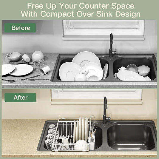 MAJALiS White Dish Drying Rack Over Sink with Utensil Holder, Drainboard | Expandable Stainless Steel Dish Drainer for Small Kitchen, Apartment, RV, Counter Space Saving, Perfect Fit, Rustproof