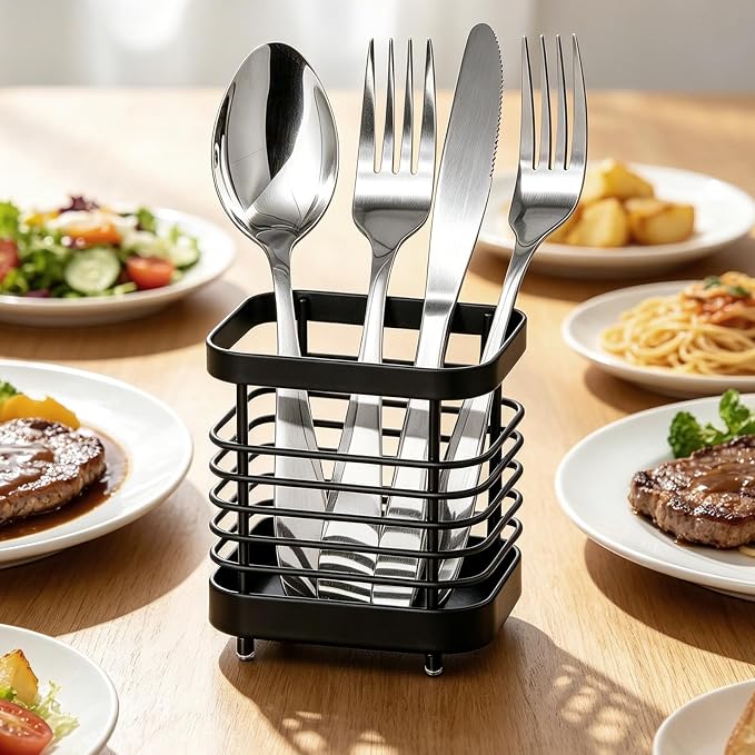 Utensil Holder, Stainless Steel Utensil Drying Rack for Kitchen Counter, Silverware Cutlery Flatware Holder Forks, Knives, Spoons, Chopsticks Organizer (Black)