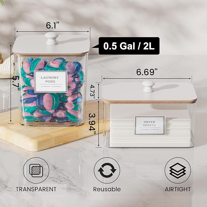 HomePekite Laundry Pods Storage Container, Clear Laundry Room Organization and Storage,Detergent Powder Container,with Wooden Lids & Labels, 3+1 Pack(White)