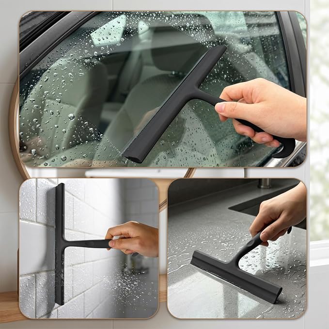 Shower Squeegee for Glass Doors, 10 Inch Silicone Shower Squeegee with Built-in Hook, Squeegee for Shower Glass, Bathroom Shower Door Squeegee for Tile Wall, Mirror, Window, Car Glass (Black)