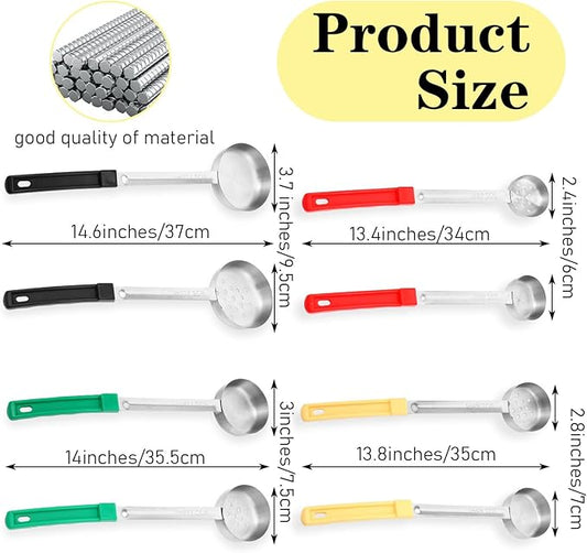 Kifmurase 8PCS Portion Control Serving Spoons, 2, 3, 4, 6oz Solid and Slotted Stainless Steel Ladle Spoon for Food Serving Buffet, Spoodle Diet Food Measuring Portion Utensils Control Scoop (4 Colors)