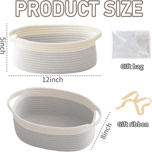 JMvicyroam Woven Basket,Small Rope Storage Bin with Handles & Ribbon Bag, Organizer for Shelves Closets,Gift Basket Empty for Birthday,Books,Dog Toys, White&Grey
