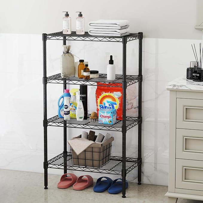 NEWBULIG 4-Tier Metal Wire Storage Shelves, Adjustable Heavy Duty Steel Shelving Unit, Freestanding Storage Rack Organizer for Kitchen, Pantry, Garage, Bathroom, 23.2" W x 13.4" D x 47.2" H, Black