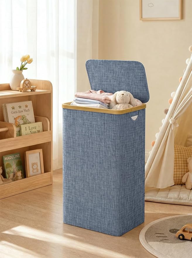 IEGrow Laundry Hamper with Lid,110L Laundry Basket with Mesh Bag,Blue | Dirty Clothes Hamper Basket with Bamboo Handle for Clothes Towels Organization