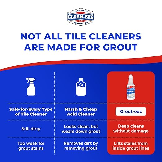 Clean-eez Grout-eez Tile Cleaner with Stand-Up Brush Head – Heavy-Duty Stain Remover for Ceramic and Porcelain Floors – Safe for Colored Grout – Not for Natural Stone – Pole Not Included - 32 oz