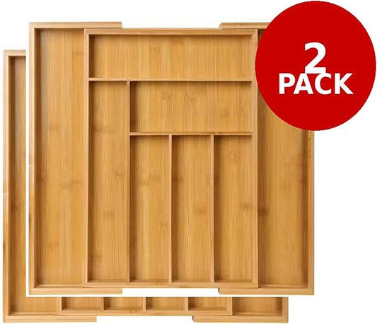 Kitchen Drawer Organizer Expandable Bamboo, Utensil Organizer for Kitchen Drawer, Adjustable Silverware Organizer Tray 13โ19.6โ, Wooden Cutlery Drawer Organizer, Deep Compartments 2 PACK