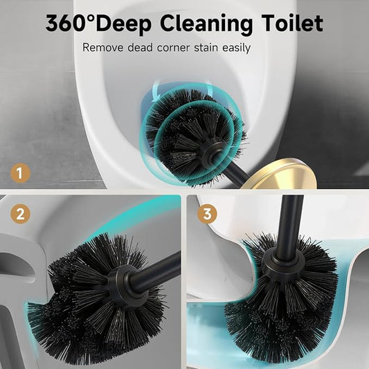 Brushed Gold Toilet Brush and Holder,Extra Long Handled Toilet Brush for Bathroom,Stainless Steel Heavy Duty Toilet Bowl Brush,Deep Cleaning Modern Toilet Cleaner Brush -Space Saving, Covered Brush