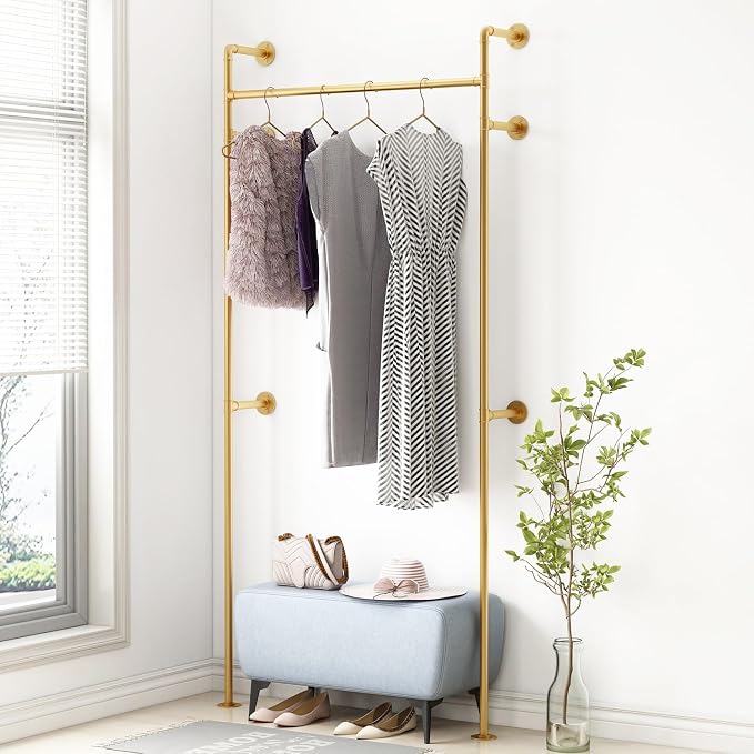 ORSENIGO Industrial Pipe Clothing Rack, Heavy Duty Clothes Rack for Hanging Clothes, Wall Mounted Display Garment Rack for Home Retail Boutique (Single, Gold)