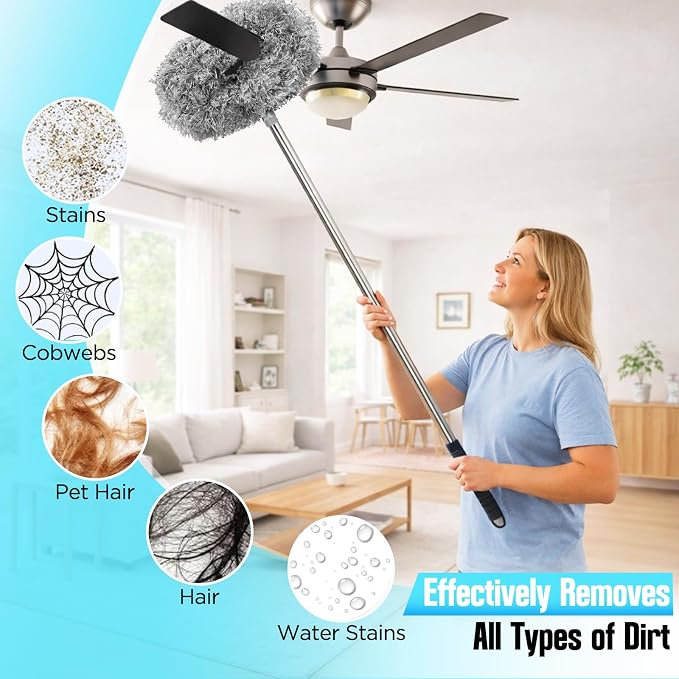 Ceiling Fan Cleaner Duster with Extension Pole, 12 to 51 Inch Duster Length, Reusable Microfiber Dusters for Cleaning Fan Blades, Cobwebs, Walls, Windows & High Ceilings, Removable, Blue